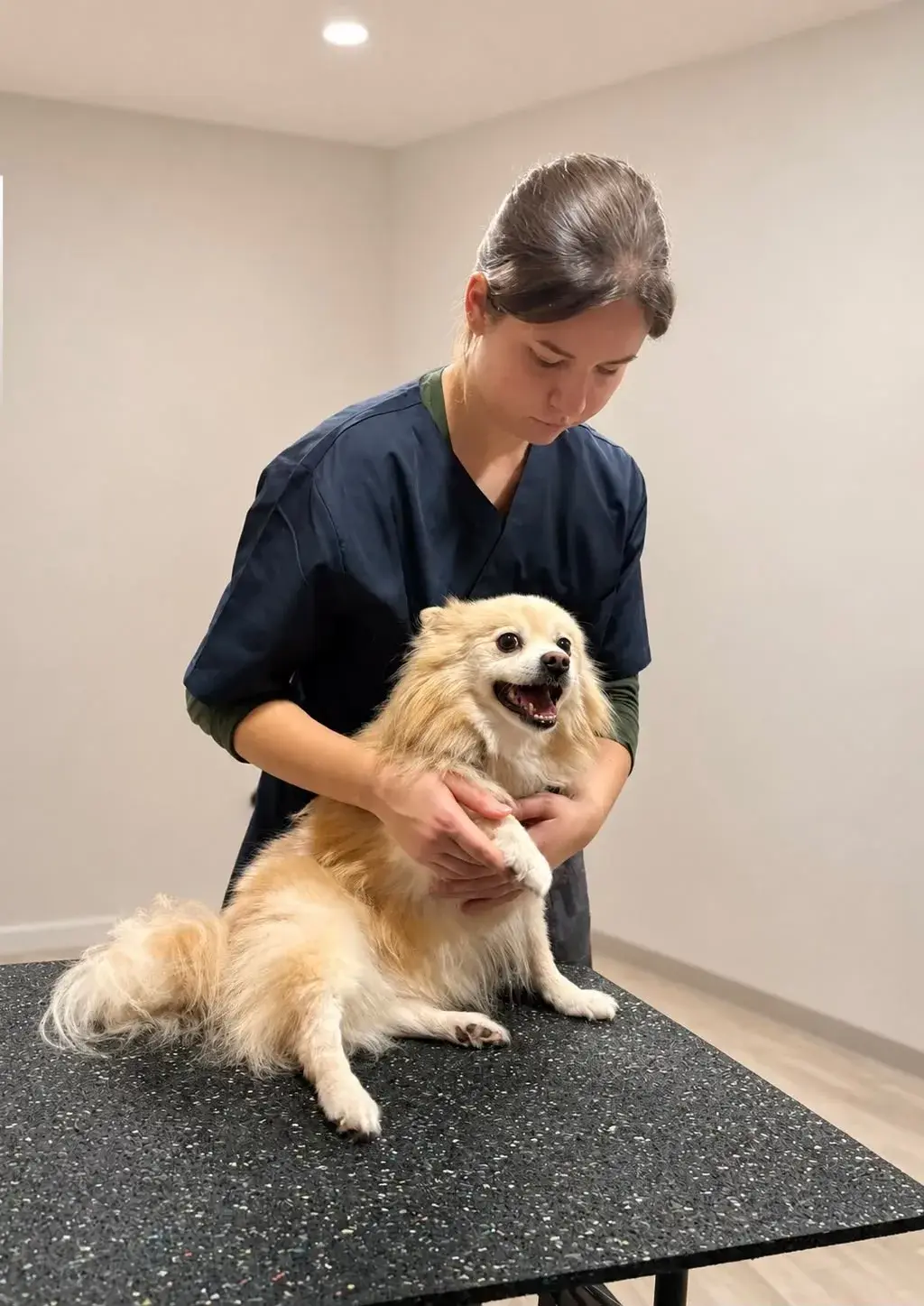 Léa Laplace mobilise en douceur l’épaule d’un petit chien assis sur la table de soin